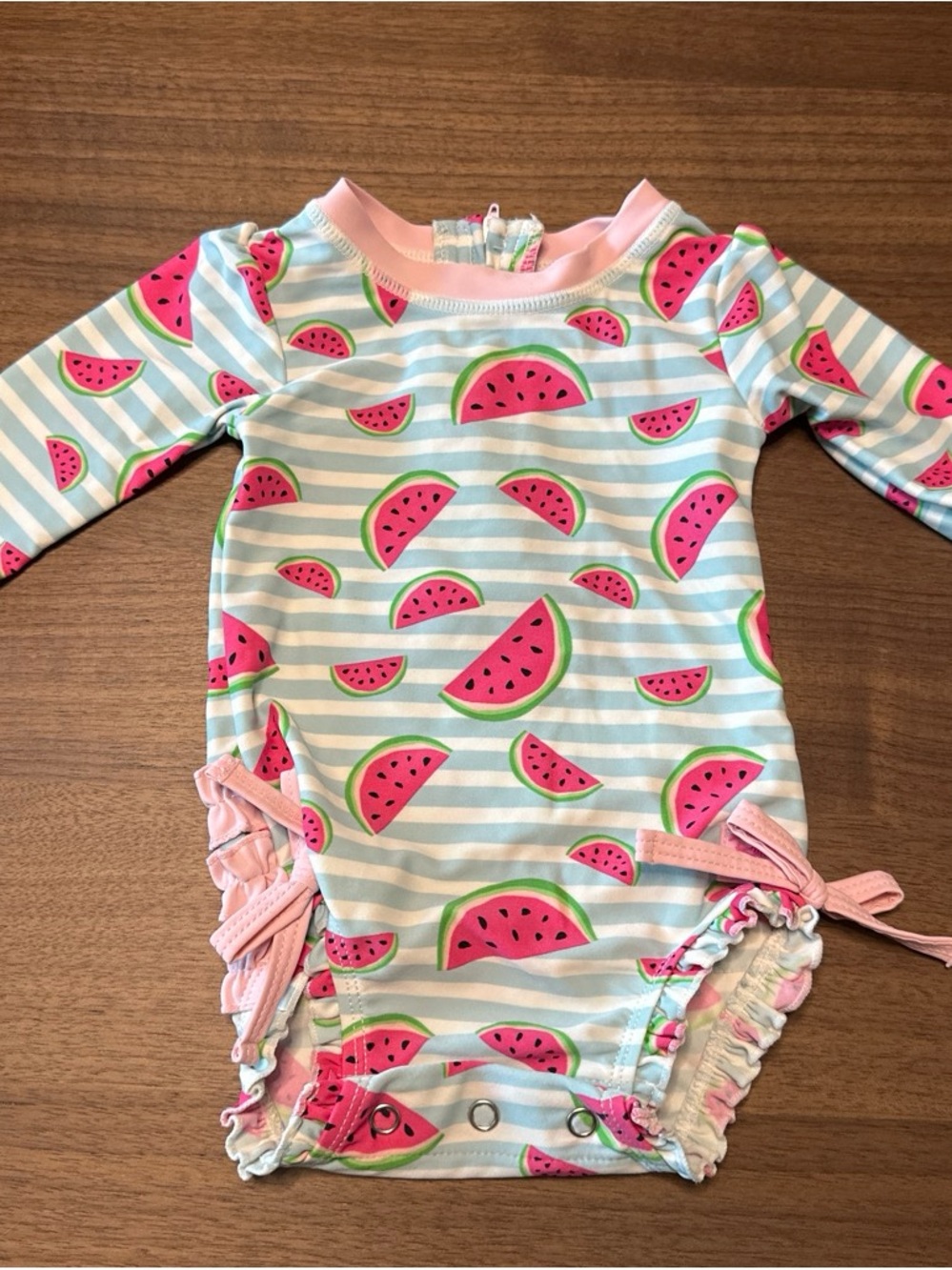 Ruffle Butts Pink & Aqua Watermelon Long-Sleeve Swim One-Piece